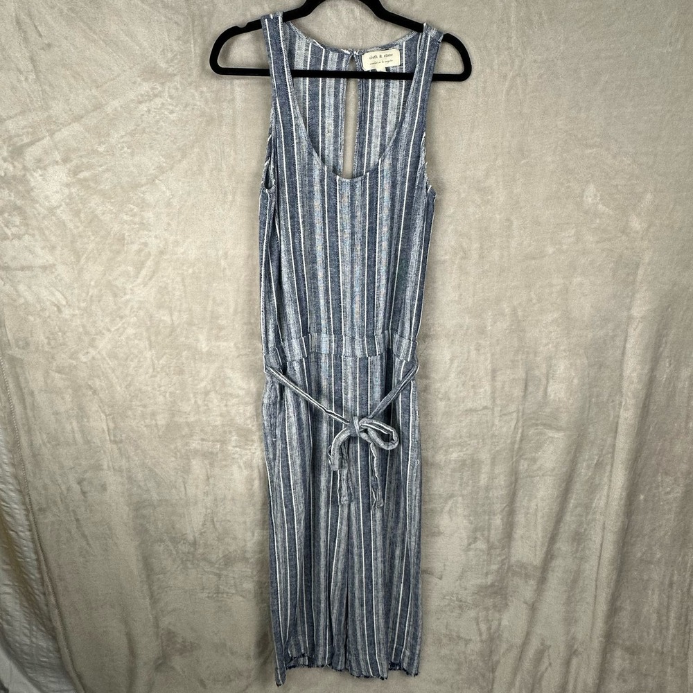 Cloth & Stone Jumpsuit Women Medium Blue Striped Linen Pants Sleeveless Resort
